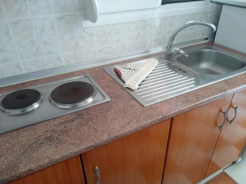 萨尔蒂Villa Tonia Apartments的一个带水槽和spatula的厨房台面