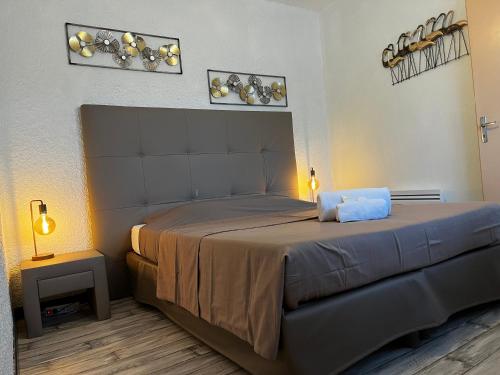 ChoozAUBERGE DE LA VOUTE的卧室配有一张床,墙上有两盏灯