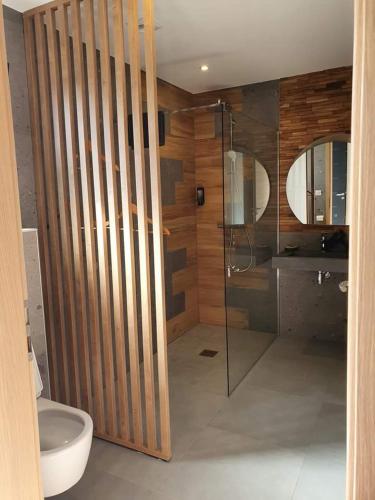 FrancourtO complexe hebergement的一间带玻璃淋浴和卫生间的浴室