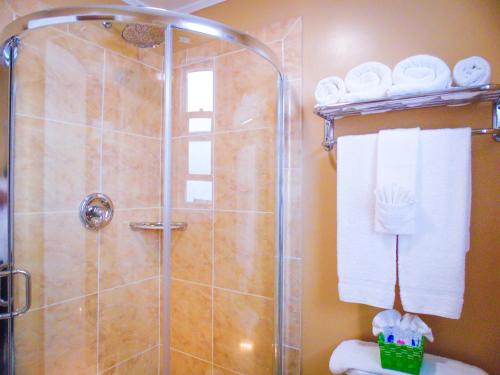 伯克利海滨酒店的带淋浴、毛巾和卫生间的浴室
