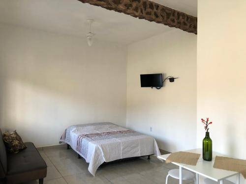 帕拉蒂Flat Boa Vista Beach的卧室配有一张床,墙上配有电视。