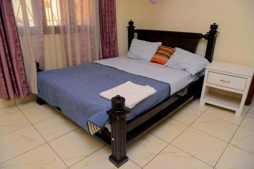 坎帕拉MODERN LUXURIOUS 2BEDS HOUSE IN KAMPALA CITY CTR的一间卧室配有一张带蓝色棉被的床