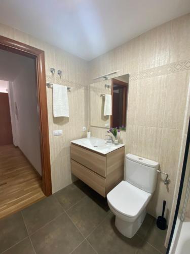 里贝斯的弗里瑟Apartament Acollidor a Ribes de Freser的浴室配有白色卫生间和盥洗盆。