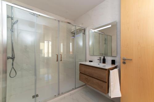 阿威罗Ria Sal apartments的带淋浴、盥洗盆和镜子的浴室