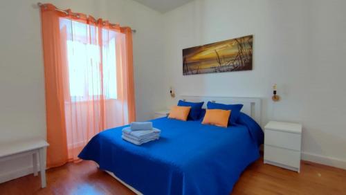 圣克鲁什达什弗洛里什Apartamento do Marquês的一间卧室设有蓝色的床和窗户。