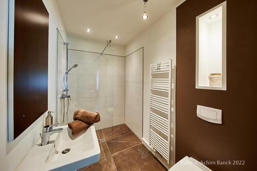 新明斯特Hotel aanders的一间带水槽和玻璃淋浴的浴室