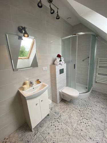 苏瓦乌基Azymut的浴室配有卫生间、盥洗盆和淋浴。