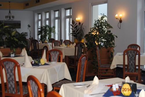 施普伦贝格施塔特施普伦贝格酒店的一间设有白色桌椅的餐厅,种植了植物