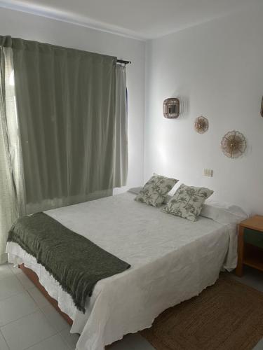 马斯帕洛马斯Villa Natura Maspalomas Complejo Playmar的一间卧室设有一张大床和窗户