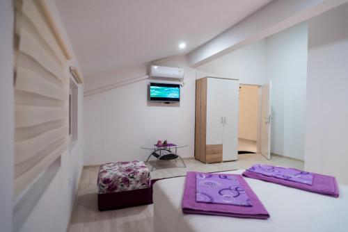 莫斯塔尔Purple rooms的一间房间,地板上设有两个紫色的冥想垫