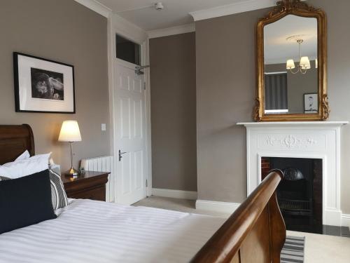 都柏林Shaw Suite的一间卧室配有一张带镜子的床和壁炉