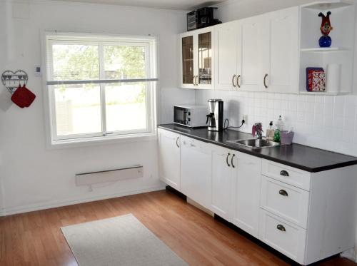 滕斯贝格Endless Summer的厨房配有白色橱柜和黑色台面