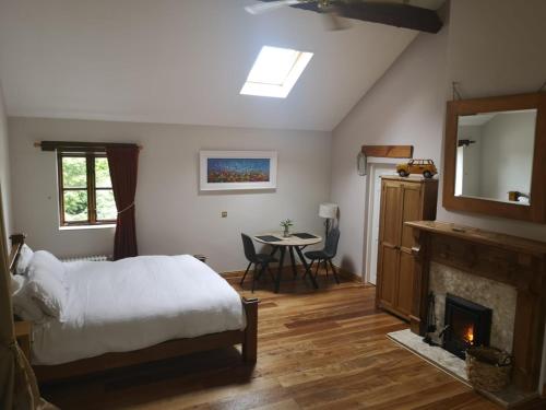 Catstone Lodge的一间卧室配有一张床、一个壁炉和一张桌子