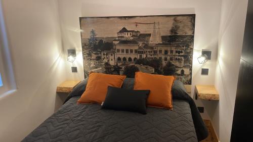辛特拉Apartamento Grace的一间卧室配有带橙色枕头和绘画的床。