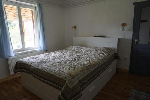 伊高尔Holidays Hongarije的一间卧室配有一张带床罩的床和窗户