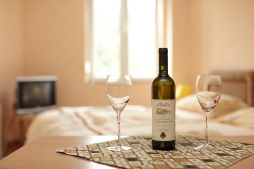 采蒂涅博坎公寓酒店的桌子上放有一瓶葡萄酒和两杯酒