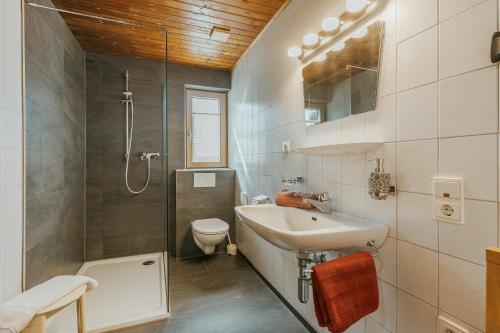 Gurtis伯格霍夫莱泽酒店的一间带水槽、淋浴和卫生间的浴室