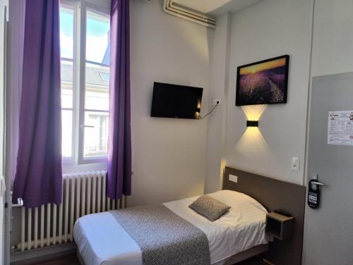 昂热德斯莱切斯酒店 - 昂热的一间卧室配有一张床和一个带紫色窗帘的窗户