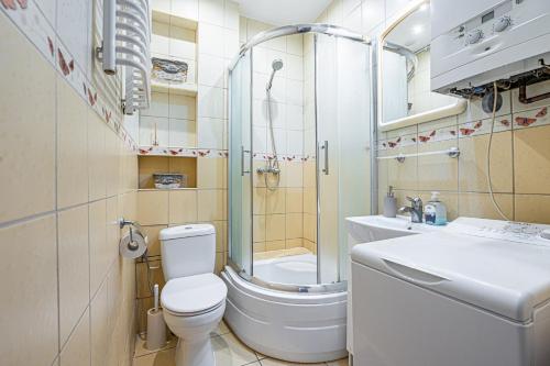 格丁尼亚Apartament Gdynia的浴室配有卫生间、淋浴和盥洗盆。