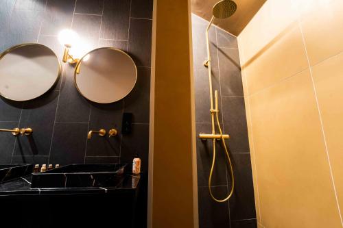 蒙斯Luxury Penthouse & Terrace - Mons City Center的浴室设有两面镜子、一个水槽和淋浴。