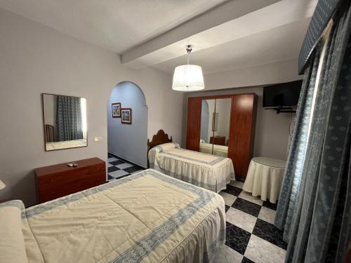 阿尔姆尼卡Hotel Plaza Damasco的酒店客房,设有两张床和镜子