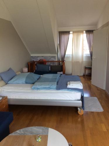 科隆Dachstudio mit Bad und Terasse的一间卧室配有一张带蓝色枕头的床