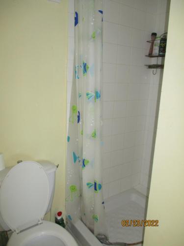 穆里耶Mazet pleine nature的浴室设有淋浴帘和蝴蝶。