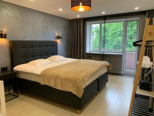 派尔努Tammsaare Luxury Apartment的一间卧室设有一张大床和一个大窗户