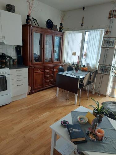 奥斯陆Shared apartment, Down Town Oslo, Osterhaus'gate 10的一间带桌子的厨房和一间餐厅