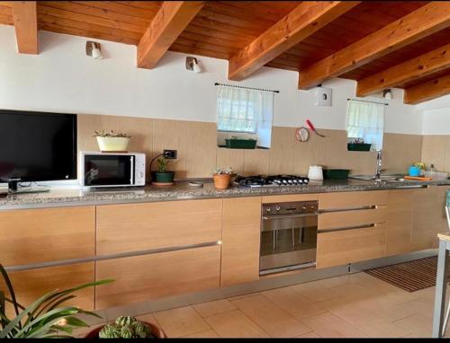 普雷甘齐奥尔Casa Ester的厨房配有木制橱柜和炉灶烤箱。