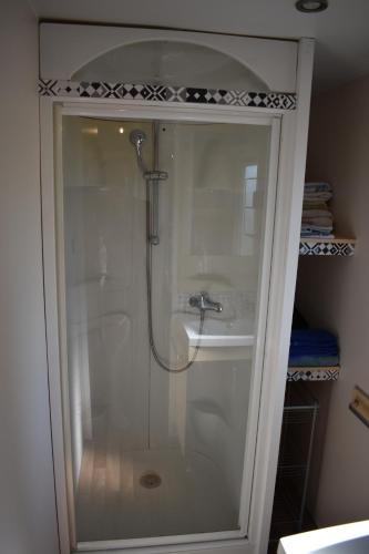 耶尔mobil-home sur terrain bucolique的浴室设有淋浴和盥洗盆。