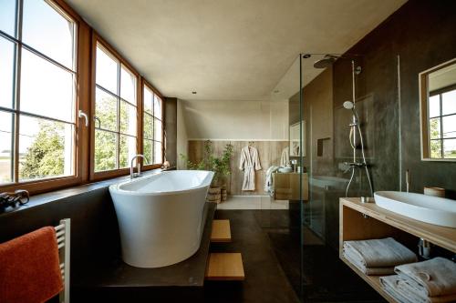 ZulteVakantiewoning Leie Lodge的带浴缸、淋浴和盥洗盆的浴室