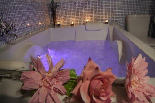 伊斯拉Apartamentos Rurales Las Dos Torres的浴缸里装满了紫色的水和粉红色的鲜花