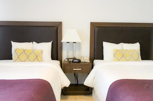 迈阿密海滩柯林斯酒店的酒店客房,设有两张床和一盏灯