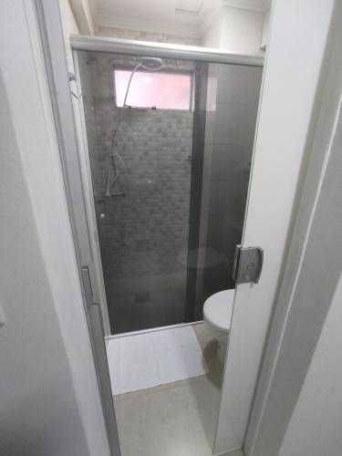 伊瓜苏Iguaçu Hospedagem的一间带卫生间和玻璃淋浴间的浴室