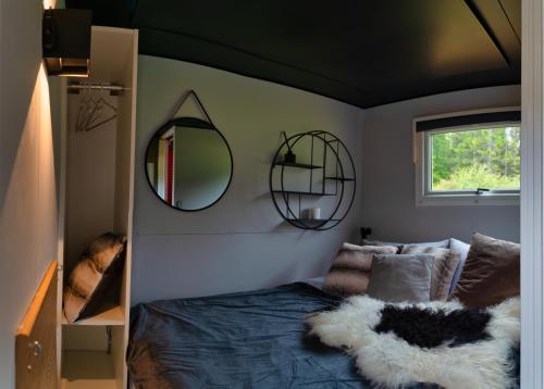 塞尔福斯Golden Circle Truck Hotel的卧室配有一张床铺,墙上挂有两面镜子