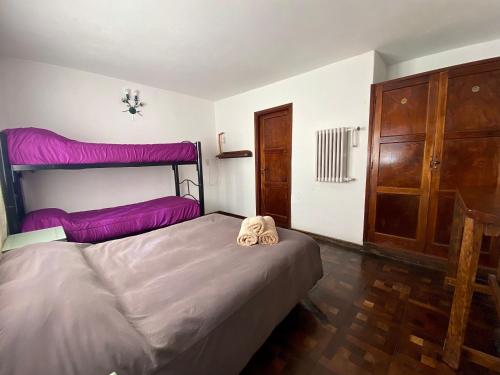 坎伯雷塔Hostel Planeta Cumbrecita的一间卧室配有一张带紫色床单的大床