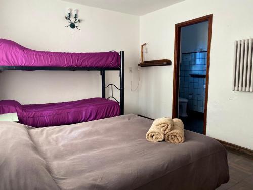 坎伯雷塔Hostel Planeta Cumbrecita的一间卧室配有一张带两张双层床的床铺。