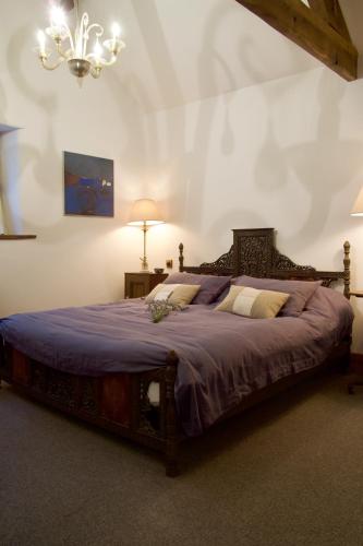 瓦伊河畔海伊人行道宫殿公寓的一间卧室配有一张大床和紫色毯子