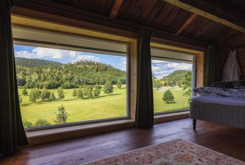斯彻达尔Stokke Gård Burglamping的一间卧室设有大窗户,享有绿色田野的景色