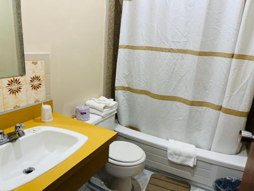 尼亚加拉瀑布日落旅馆的浴室设有盥洗盆、卫生间和淋浴帘。
