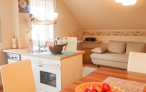 Schöne, helle, ruhige Wohnung und Wellness Sauna的厨房以及带水槽和桌子的客厅。