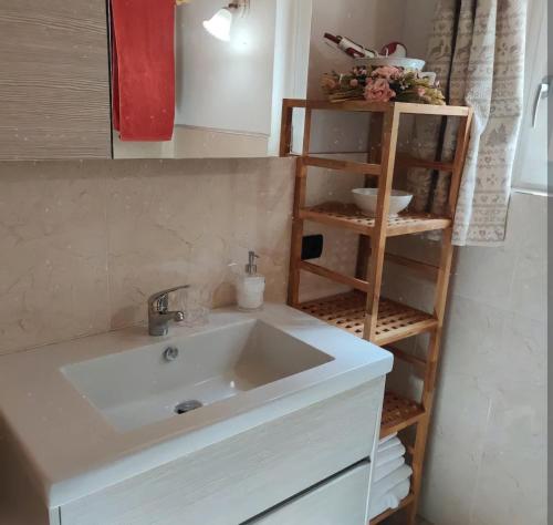 福尔马扎Fuchs Haus的一间带白色水槽和架子的浴室