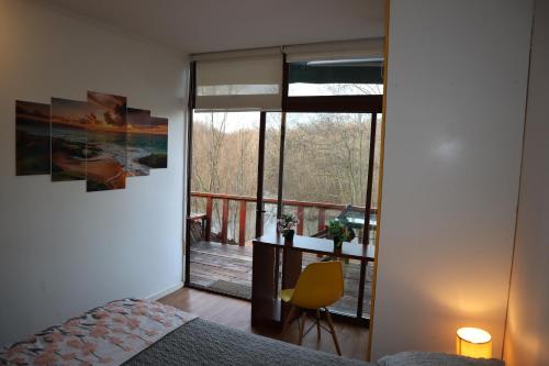 康塞普西翁Cabañas Habitainer BordeRio的一间卧室设有一张床,享有阳台的景色