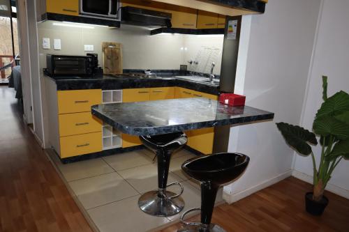 康塞普西翁Cabañas Habitainer BordeRio的厨房配有黄色橱柜和黑色台面