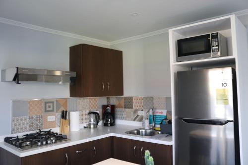 棕榈滩Brown's 1 Bedroom Apartment的厨房配有不锈钢冰箱和水槽