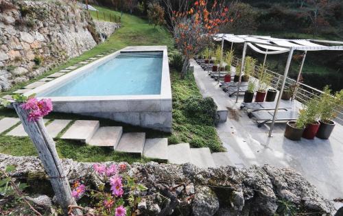 塞亚Casas Da Lapa, Nature & Spa Hotel的花园中的游泳池,种植了盆栽植物