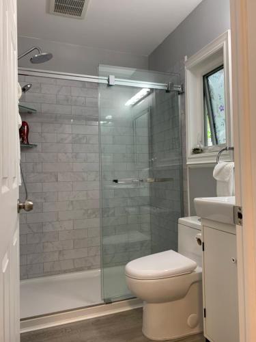 尼亚加拉瀑布Ambiance by the Falls Cozy Suite的一间带卫生间和玻璃淋浴间的浴室