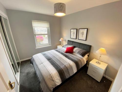 福尔柯克NEW Super 2 Bedroom Flat in Falkirk的一间卧室配有一张带红色枕头的床和窗户