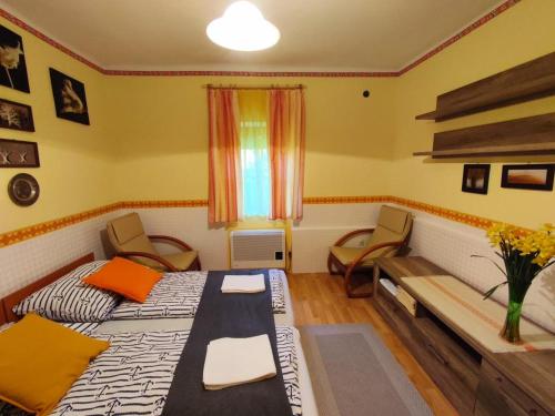 奥巴曹洛克Gábor apartmanok的一间卧室设有两张床、椅子和窗户